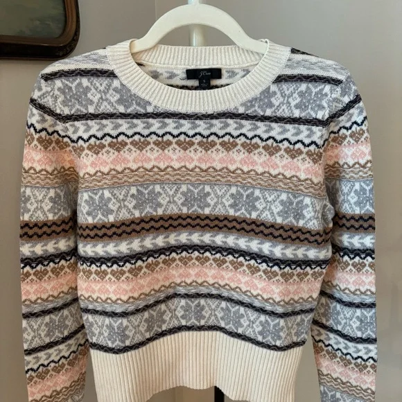 J. Crew Cream, Pink & Gray Fair Isle Crewneck Sweater - Picture 2 of 7